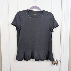 Kate Spade | Black Peplum Cotton T-Shirt with Pearl Studs Size Medium